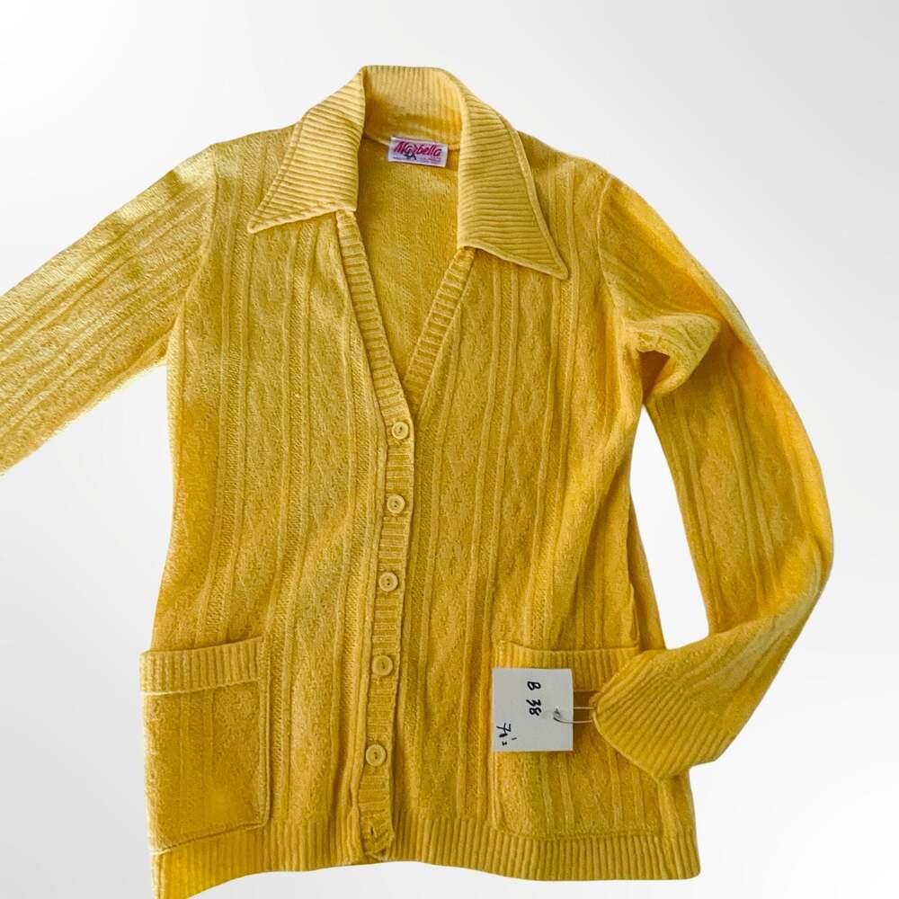 Vintage Yellow Cable Knit Button Cardigan Sweater with Pockets - Picture 4 of 7
